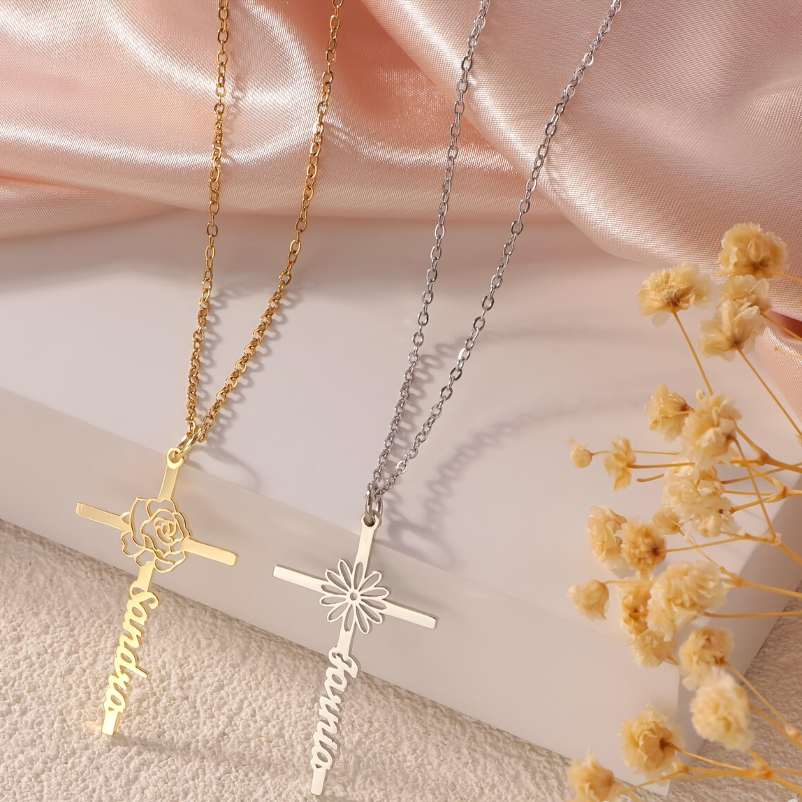 Custom Birth Flower Cross Name - огляд і ціна Birth Flower Necklace
