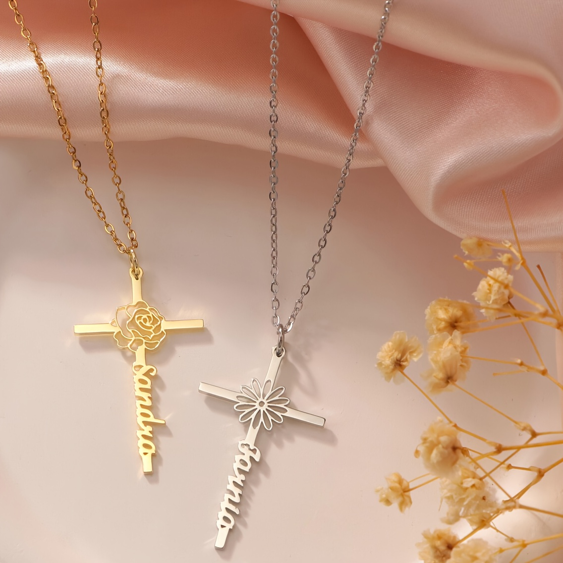 Custom Birth Flower Cross Name - огляд і ціна Birth Flower Necklace
