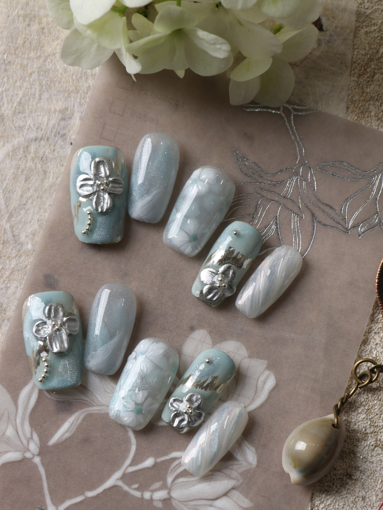 10Pcs Press on Nails Blue Whit - огляд і ціна Pressed Flower Art