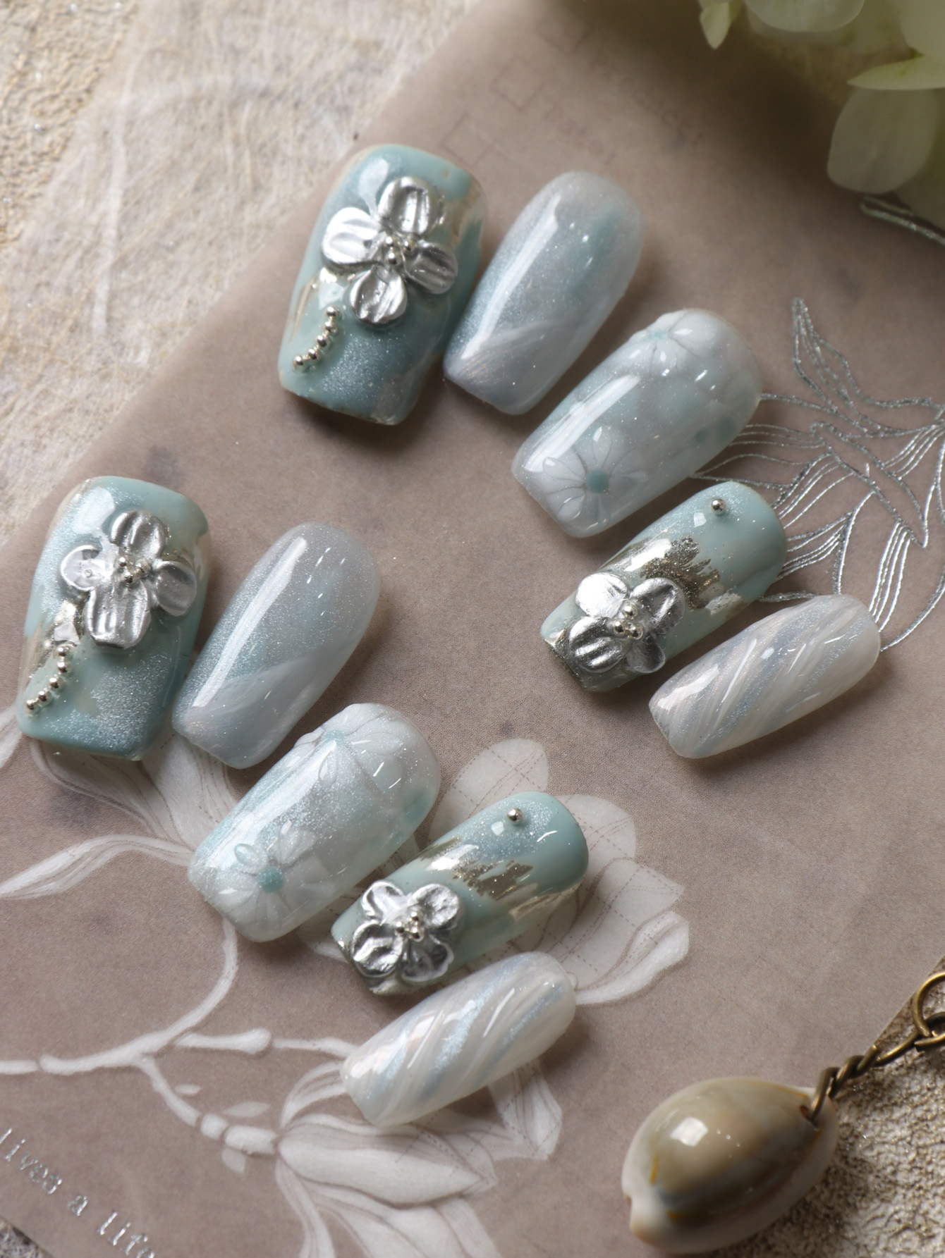 10Pcs Press on Nails Blue Whit - огляд і ціна Pressed Flower Art